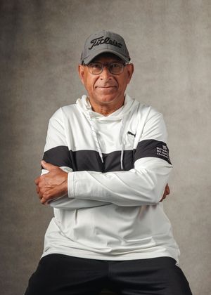 A series of cropped images showing a person in a white long-sleeved shirt and Titleist cap against a gray background.