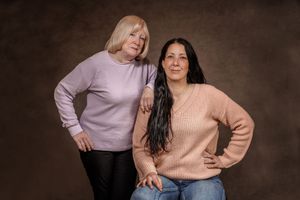 A series of candid lifestyle photos showing two people in casual attire posing together against a dark background.