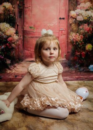 Young girl in a gold ruffled dress sits on fur rug before a floral pink door backdrop with stuffed toys.