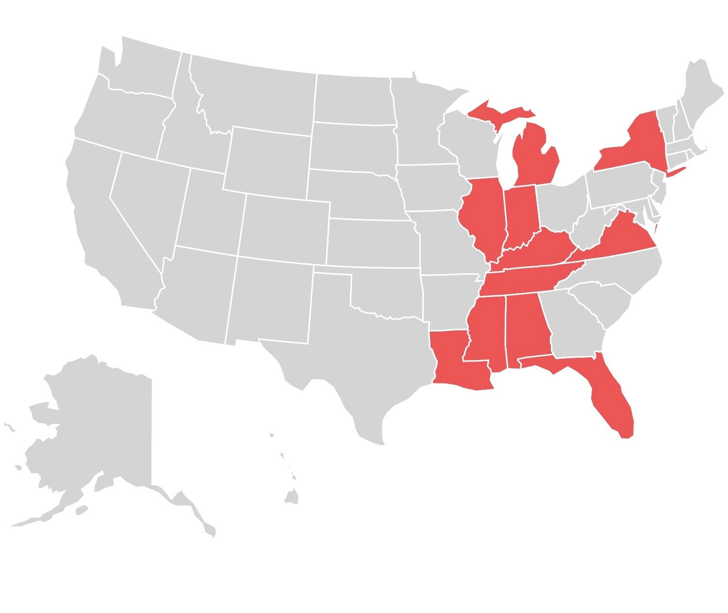 A map of the United States with some states highlighted in red against a gray background.