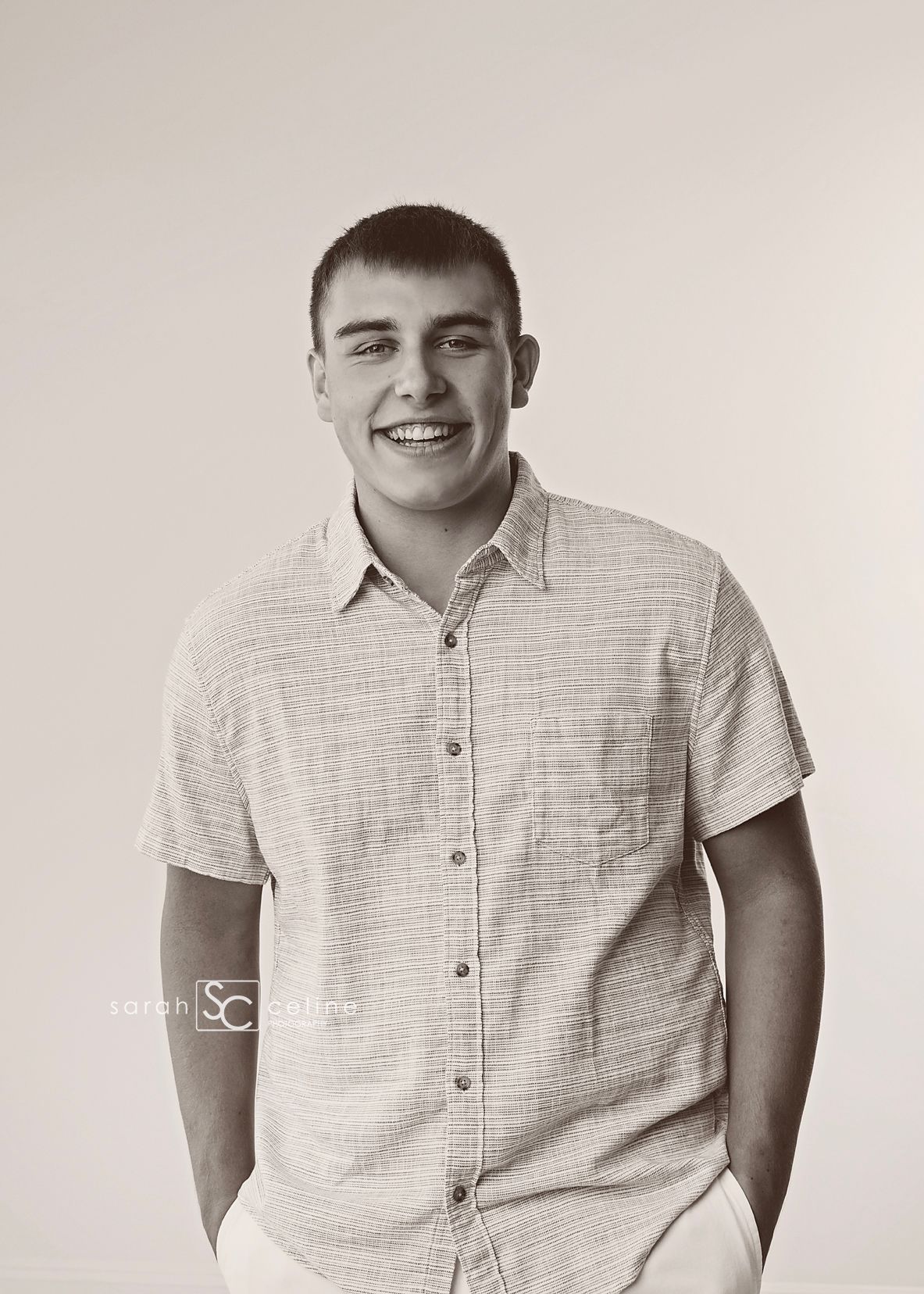 Multiple headshots show a person wearing a light colored short-sleeve button-up shirt against a white background.