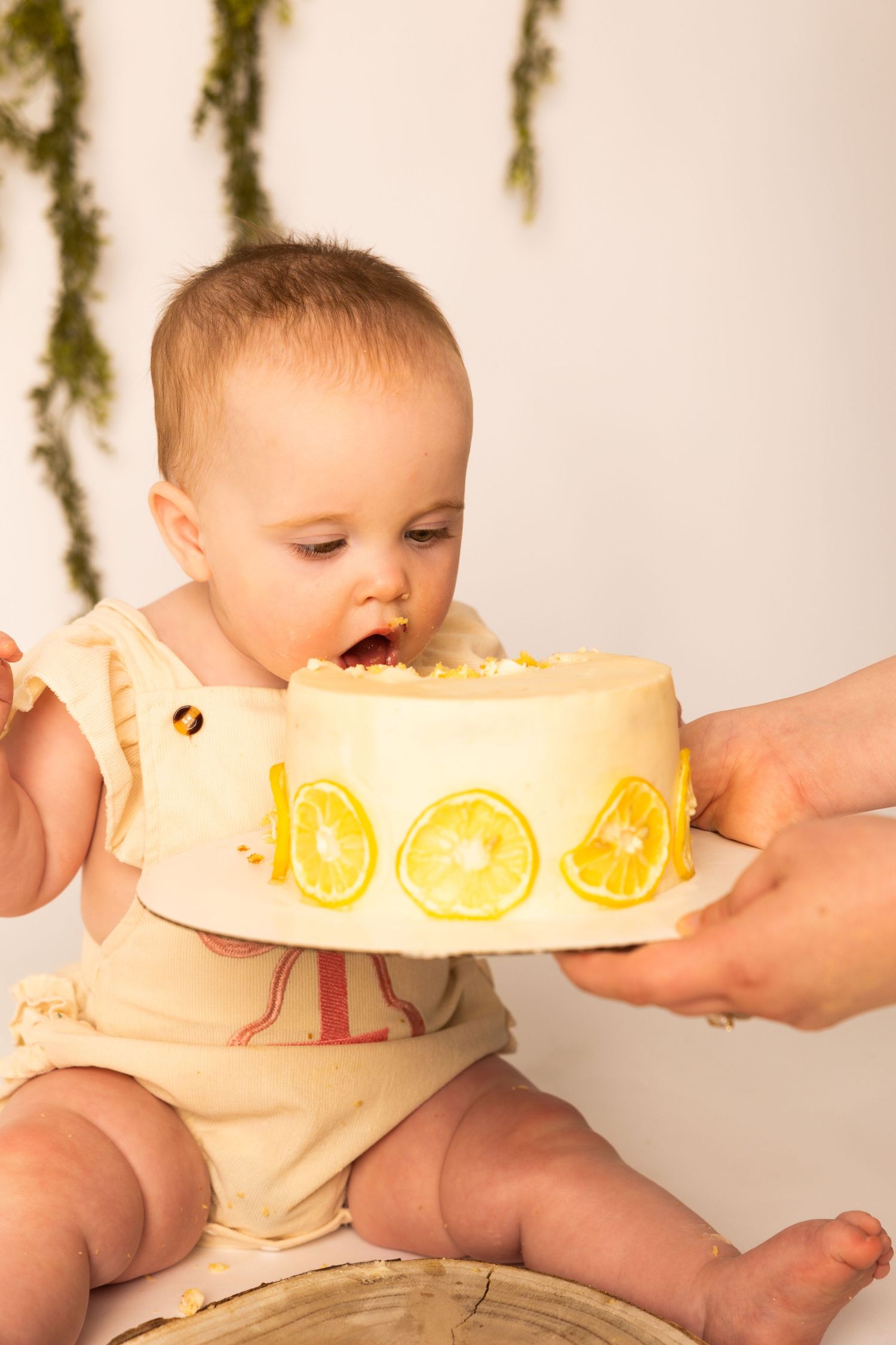 A toddler in yellow clothing takes small bites from a large slice of watermelon held by someone off camera.