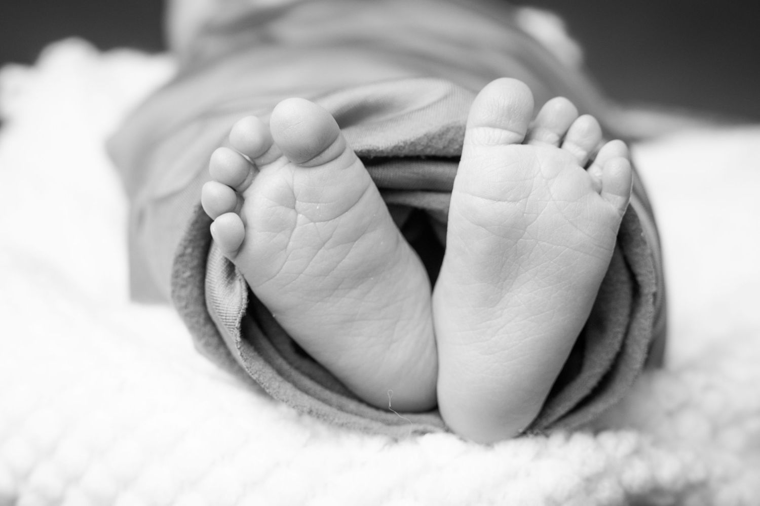 Black and white panoramic collage of newborn baby feet against white backgrounds.