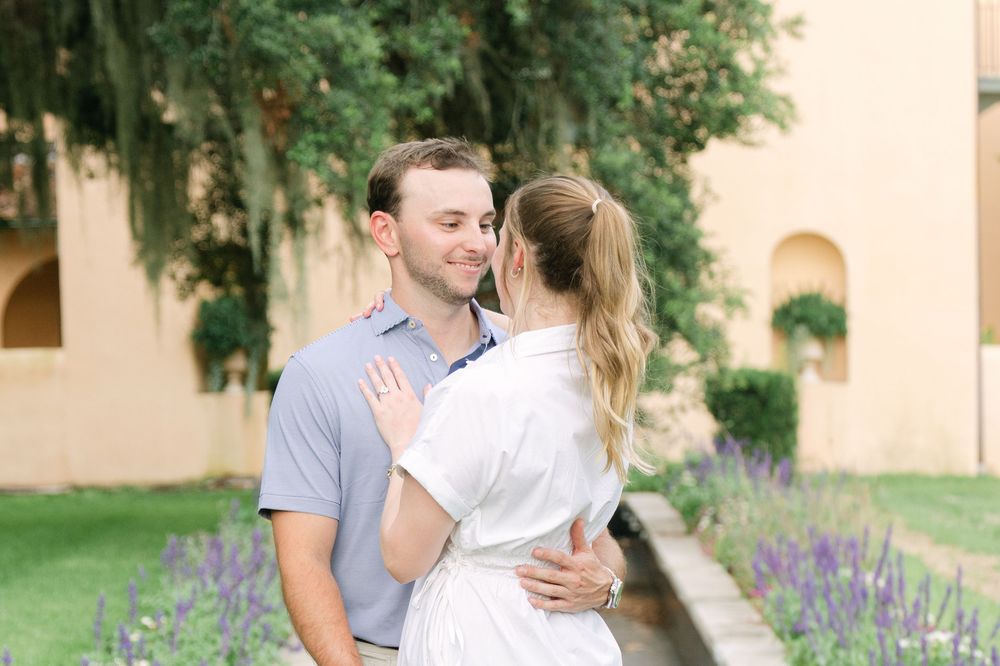 Surprise marriage proposal at Villa Ospo, Marianna, Jekyll Island GA, in Golden Isles with soft golden-hour light.