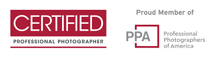 Professional certification badge with burgundy text showing PPA membership and photographer credentials.
