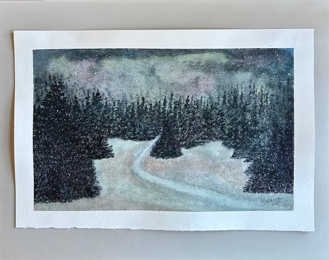 Watercolor painting of a snowy winter road winding through dark evergreen forest under moody gray skies.