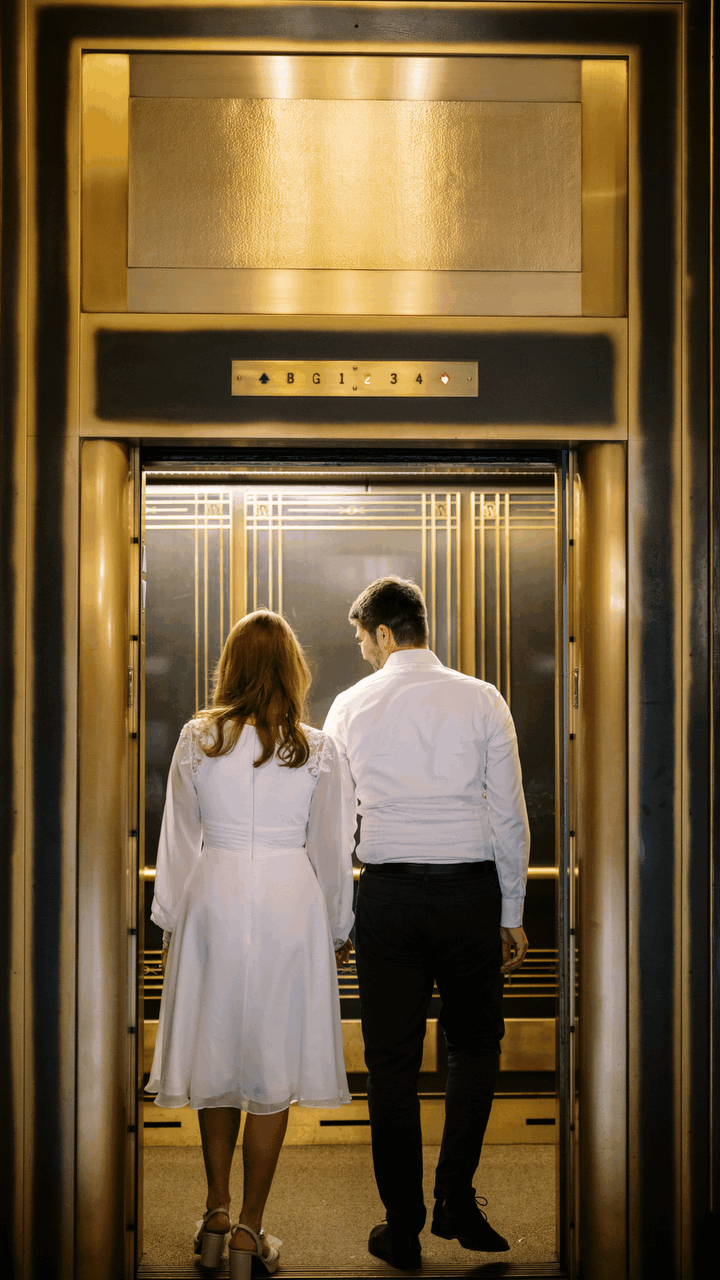 A couple in white and black formal attire stand in an art deco elevator with gold metallic details.