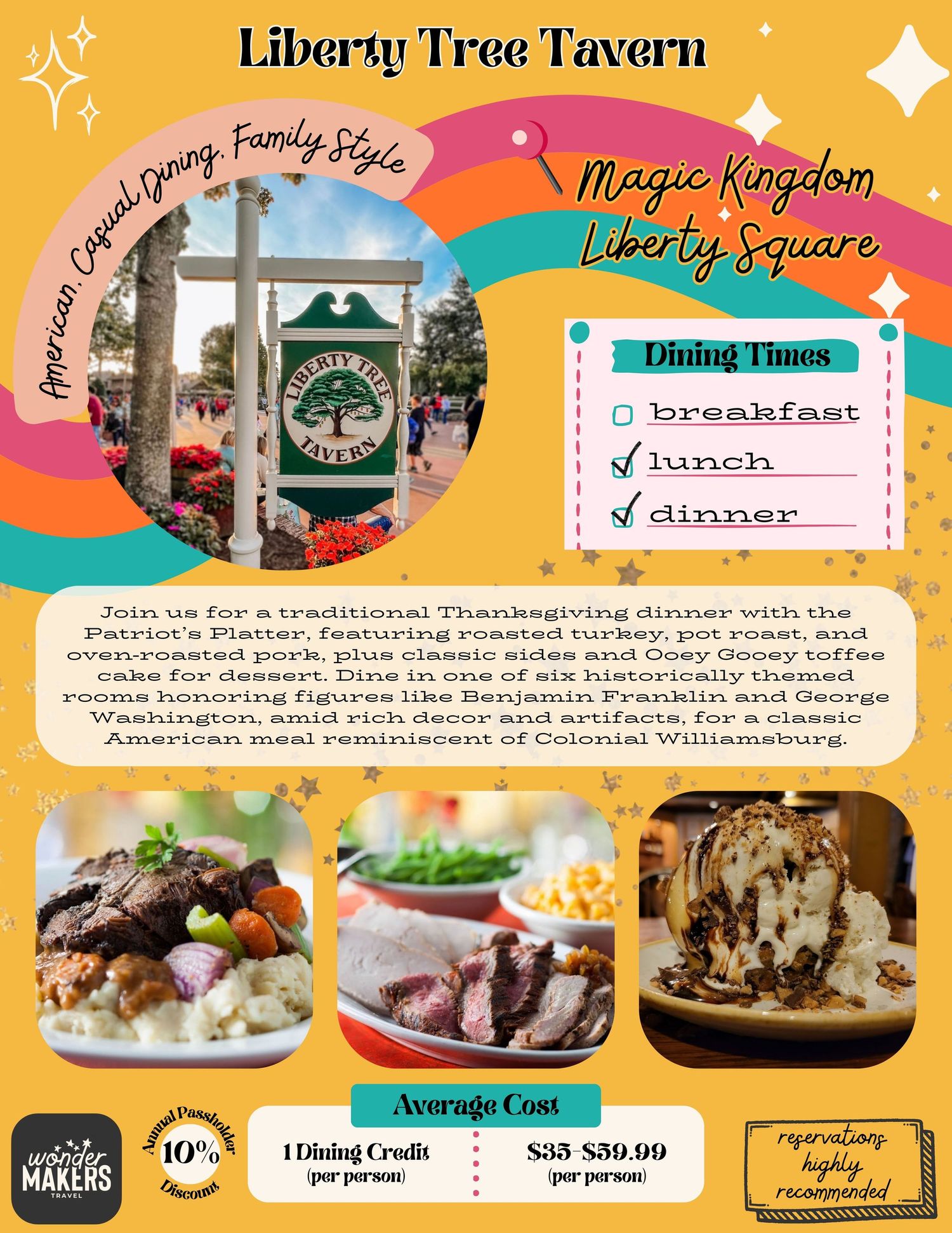 Colorful digital restaurant menu banners showcase Liberty Tree Tavern's breakfast, lunch, and dinner offerings with food photos.