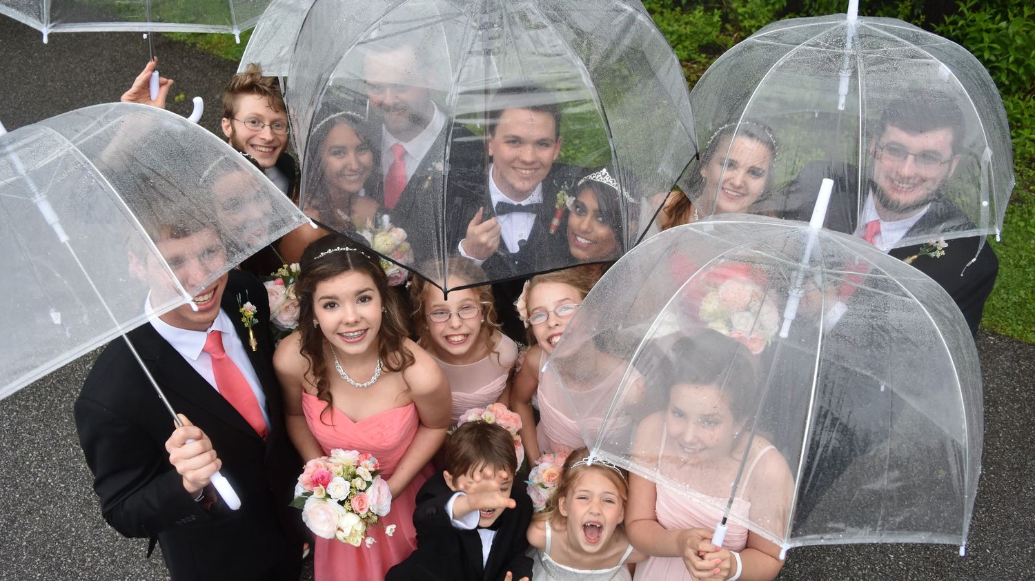 A wedding party stands under clear umbrellas looking up at the photographer
