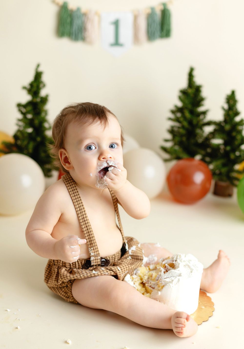 One year old boy during his smash the cake session. Greenville SC newborn photographer, Easley SC newborn photographer