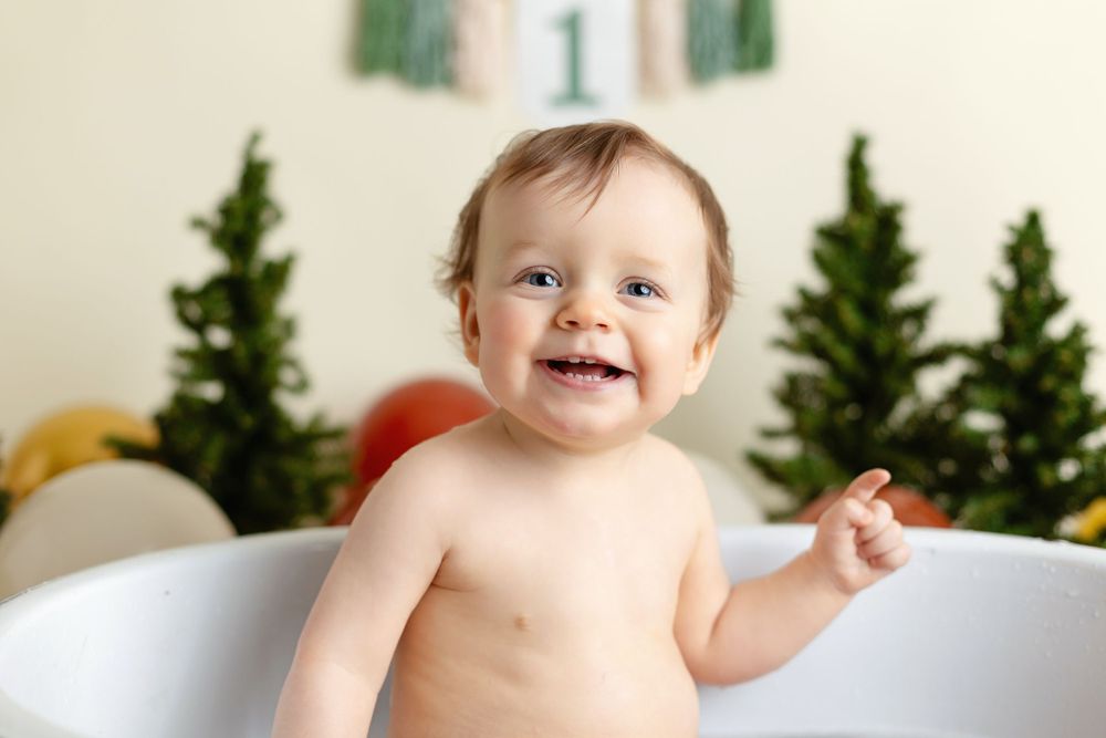 One year old in a tub for his smash-the-cake session. Greenville SC newborn photographer, Easley Sc photographer
