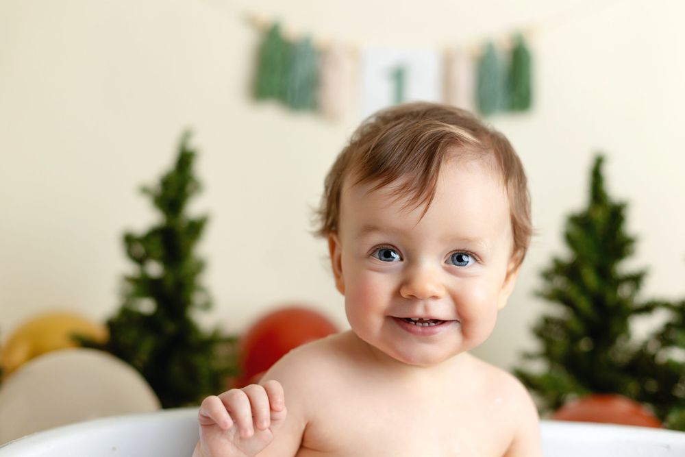 One year old in a tub for his smash-the-cake session. Greenville SC newborn photographer, Easley Sc photographer