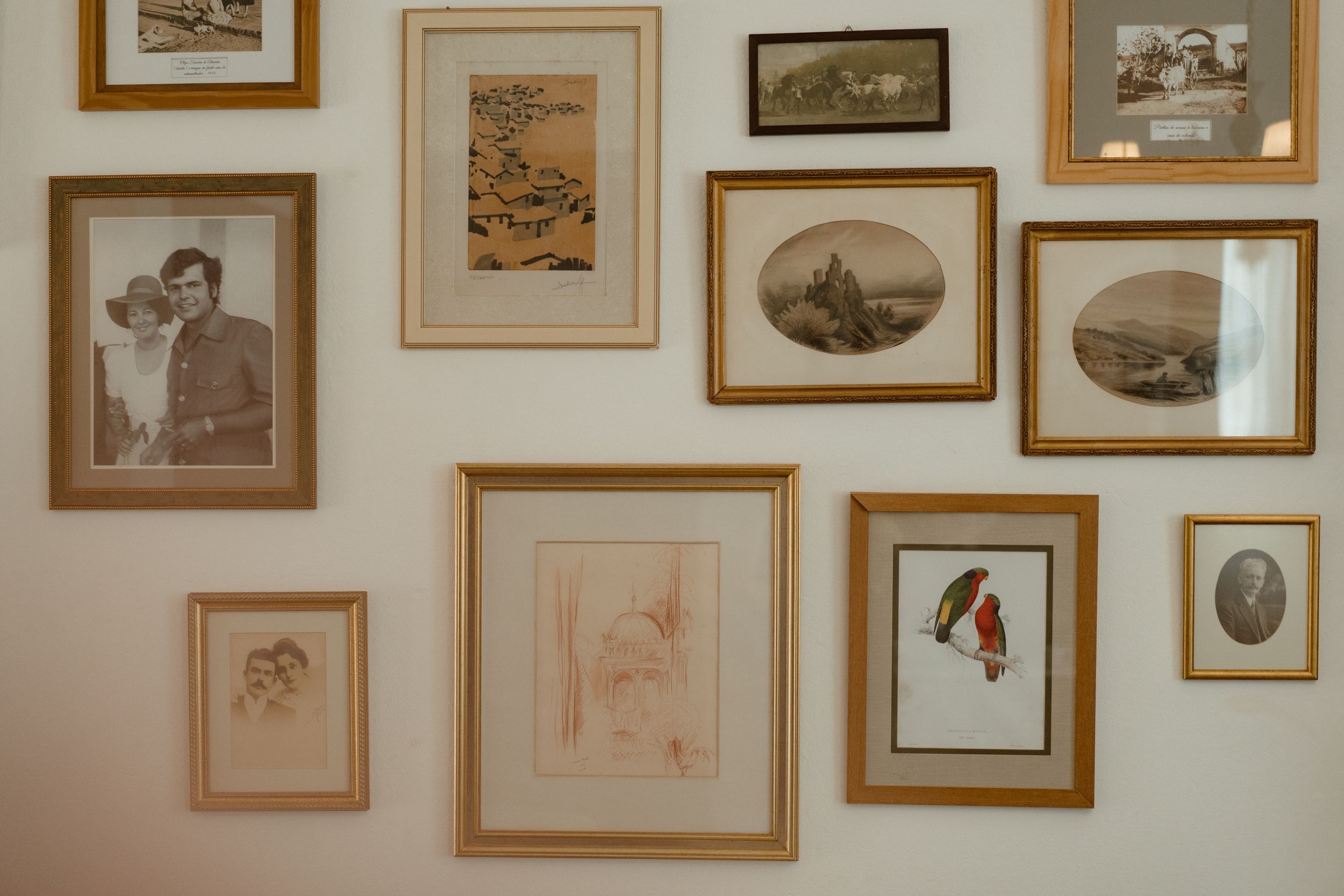 Vintage photographs and artwork displayed in gold frames on a neutral colored wall.
