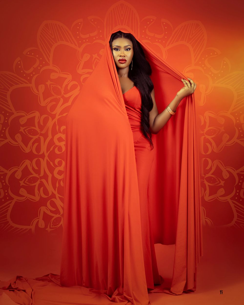 Dramatic fashion portrait in flowing red dress and cape against ornate red background.