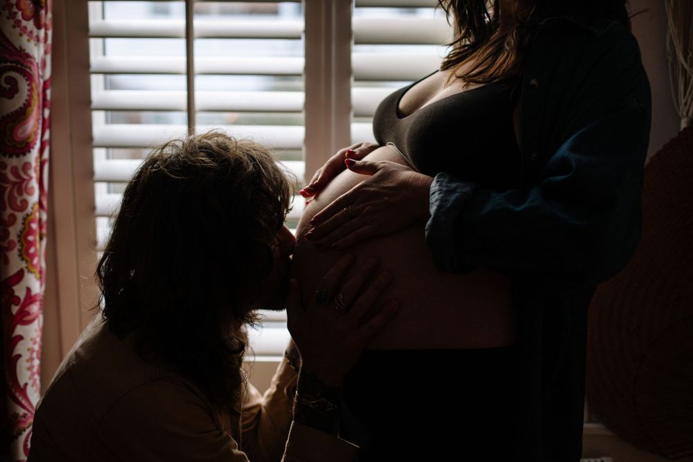 Maternity silhouette by window with pet dog looking up at expecting mother.