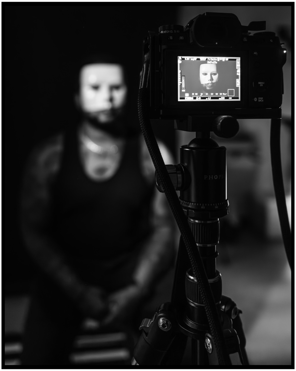 Camera viewfinder display during dark studio photo shoot. Portland music photographer