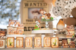 Vintage-style wanted posters and western themed party decorations arranged on display table.