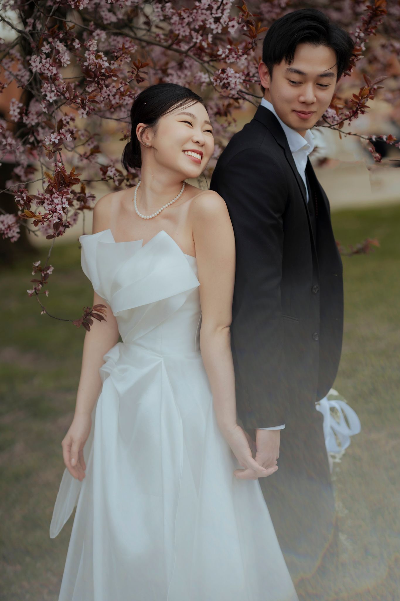 Spring wedding photo with cherry blossoms framing couple under pink petals.