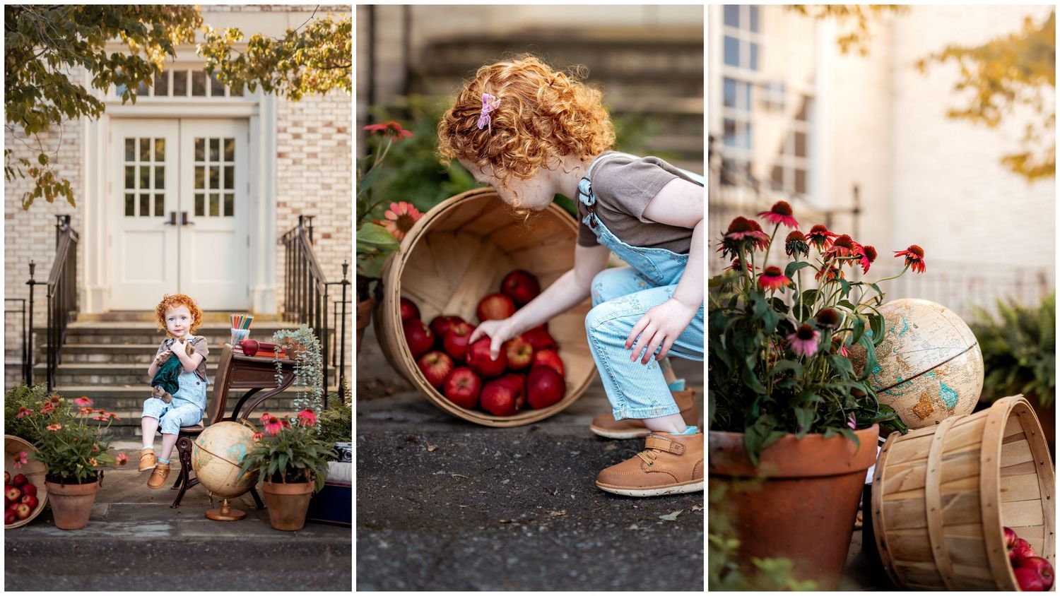 Three seasonal outdoor vignettes show autumn decorations with pumpkins, cranberries, and potted flowers in rustic settings.