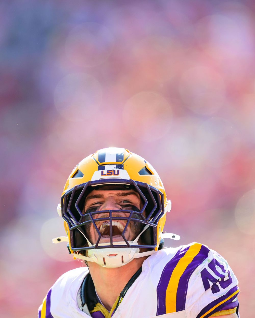 Football players in LSU uniforms celebrate and cheer together on the field during a game.