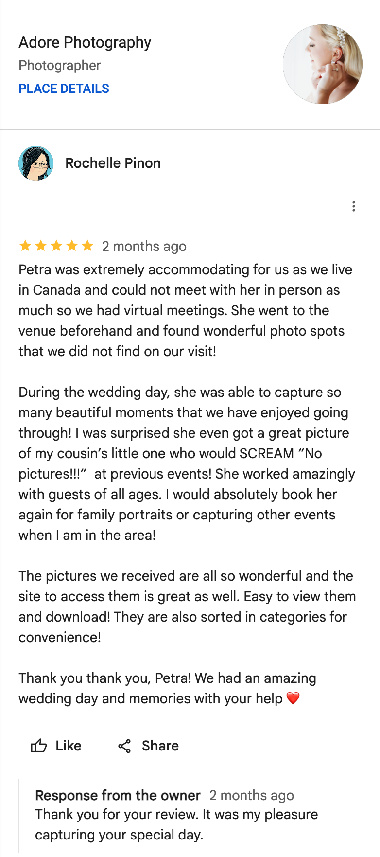A 5-star review for Adore Photography showing positive feedback about virtual meetings and wedding photography service.