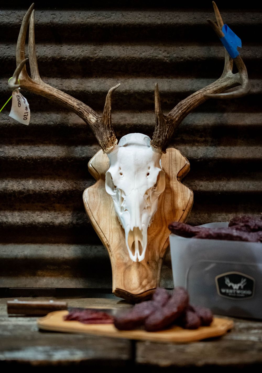 Deer skull mount with antlers displayed next to cured meats on wooden plaque.