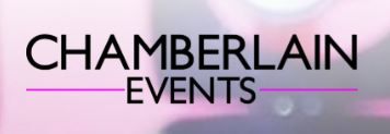 Simple text logo for Chamberlain Events in black letters against a pink and lavender gradient background with lens flares.