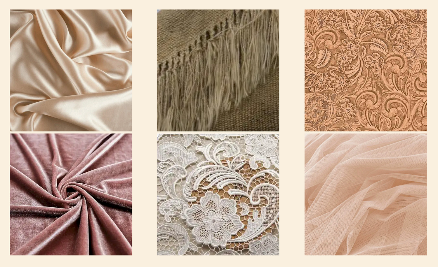 Elegant textile swatches featuring satin, fringe, and lace materials in neutral and blush tones.