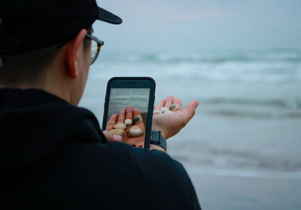 Someone taking a photo of shells in their hand at the beach.