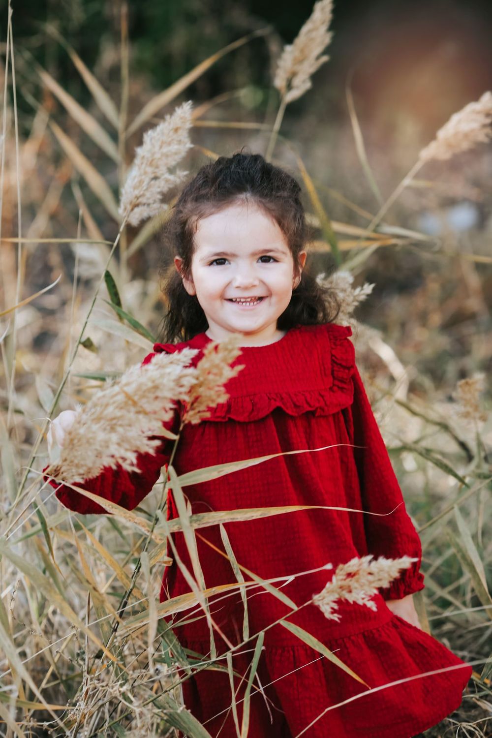 Child in red dress standing among tall ornamental grasses in golden sunlight.