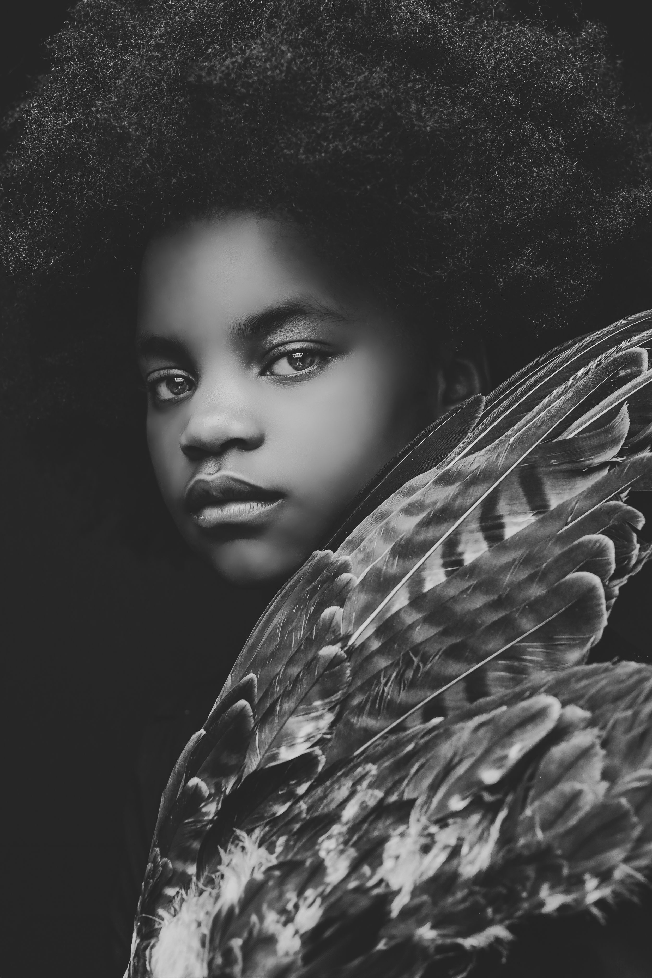Black and white portrait of a young child with an afro hairstyle and feathered angel wings against dark background.