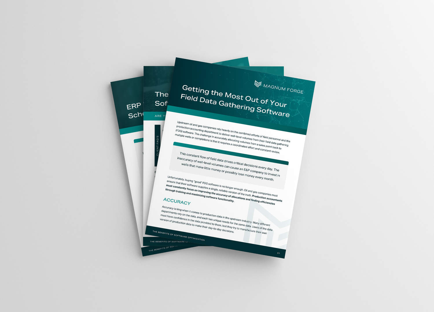Stack of white and teal business documents or whitepapers with professional layout.