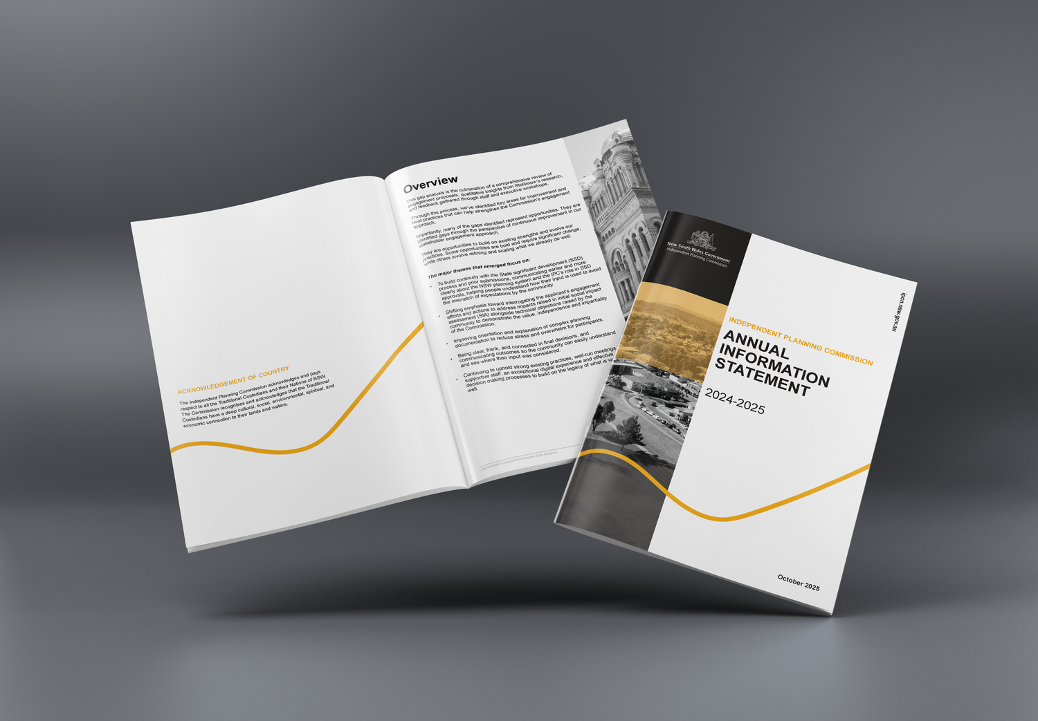 White brochure mockups with multiple panels floating in space against a dark gray background.