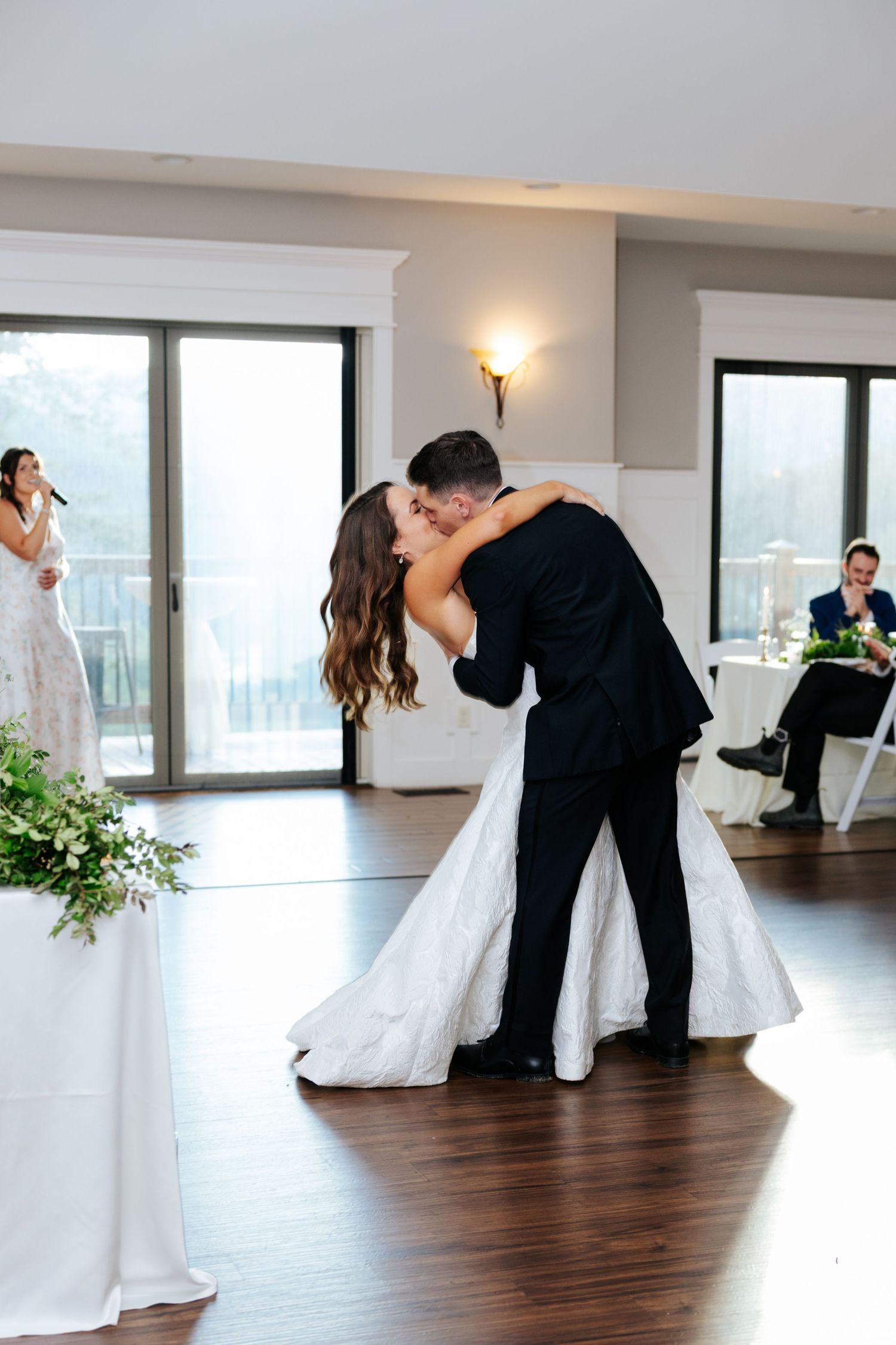 A series of wedding photos showing flowing white dresses and floral bouquets in an outdoor garden setting.
