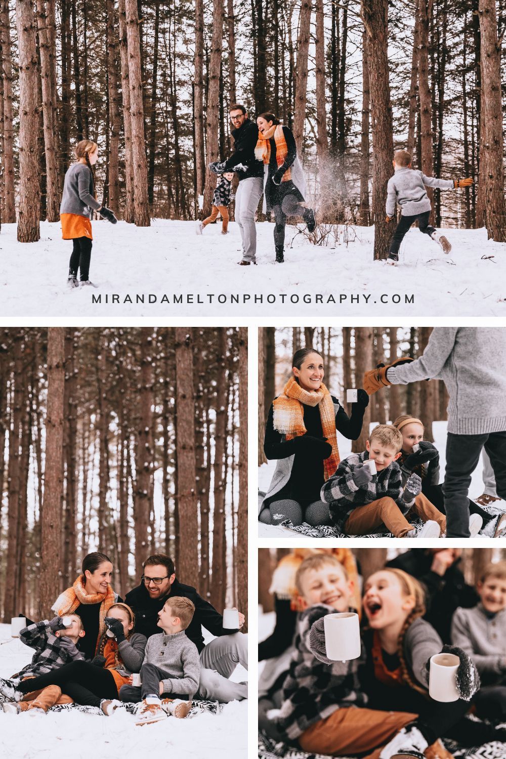 4 photos from a winter family photo session showing activity ideas for winter family pictures (snowball fight and hot cocoa picnic)