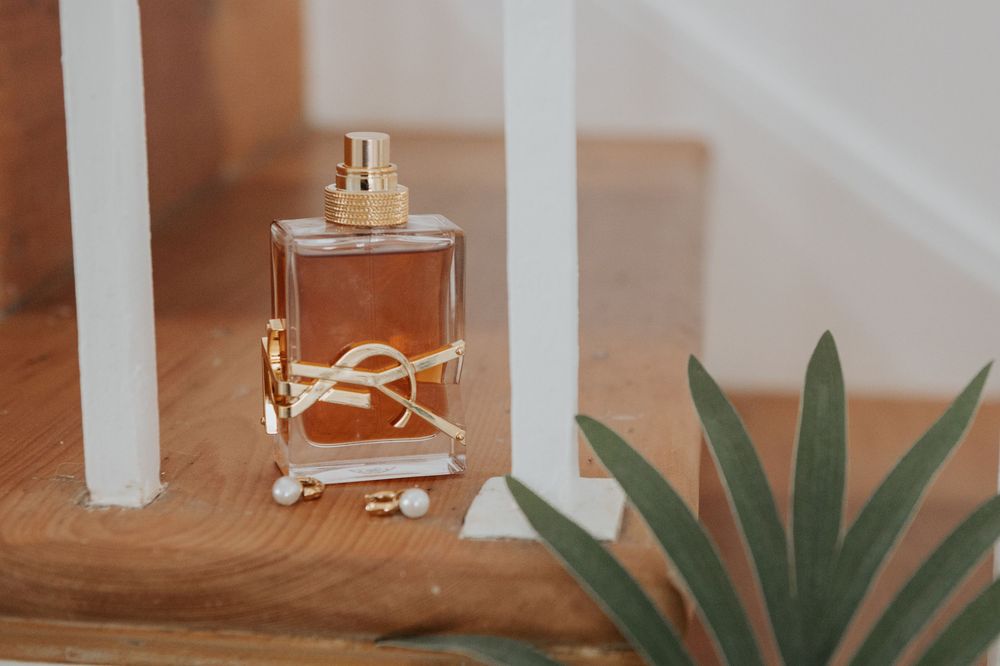 YSL Libre perfume bottle with gold cap and ribbon sitting on wooden step beside a green plant.