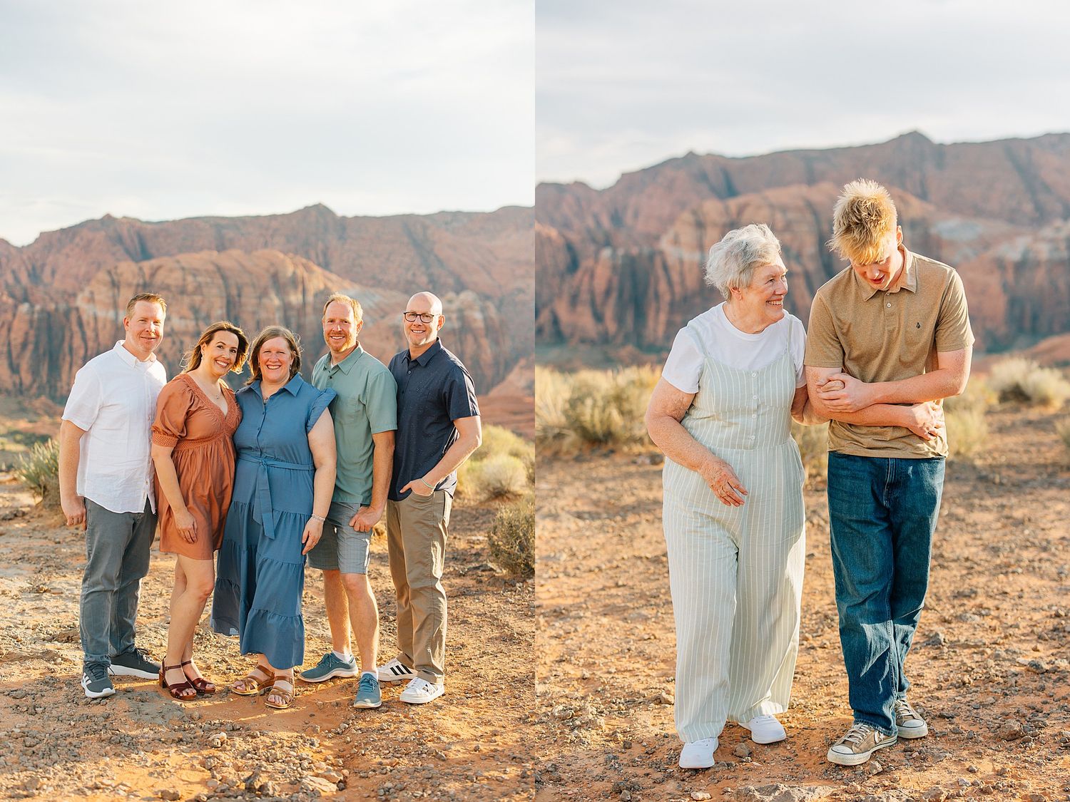 Casual family gathering photographed against scenic desert mountain backdrop at sunset.