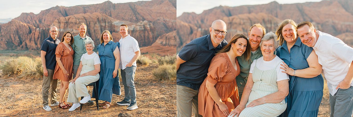 Panoramic desert landscape with family members gathered for photos against red cliffs.