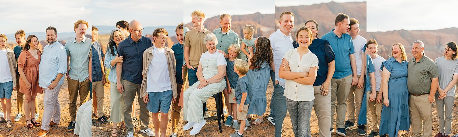 Panoramic group photo of family members lined up against dramatic red rock formations.