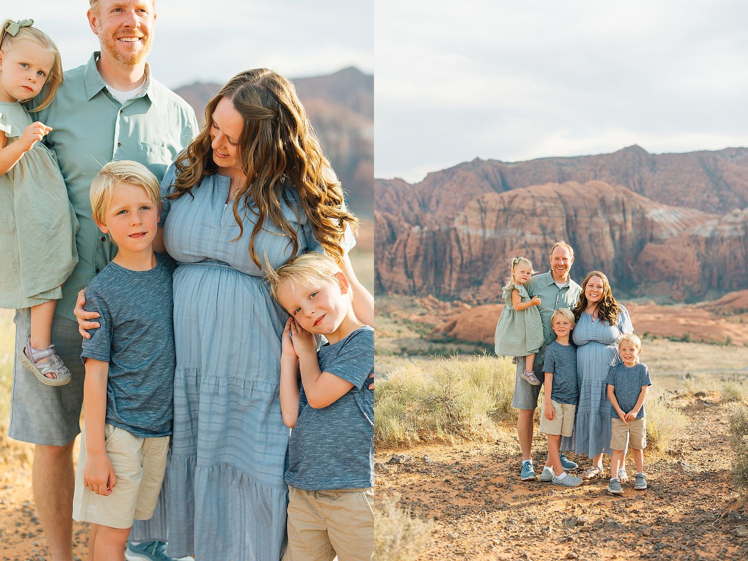 Sweet family interactions captured in desert setting with dramatic rock formations.