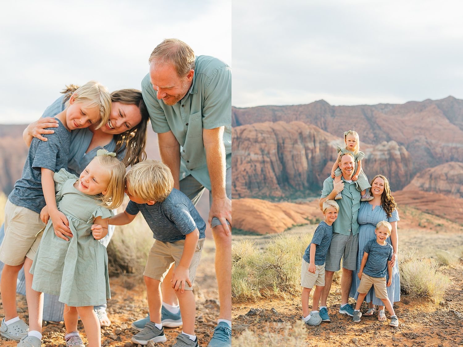 Playful family photo session with red rock canyon landscape in background.