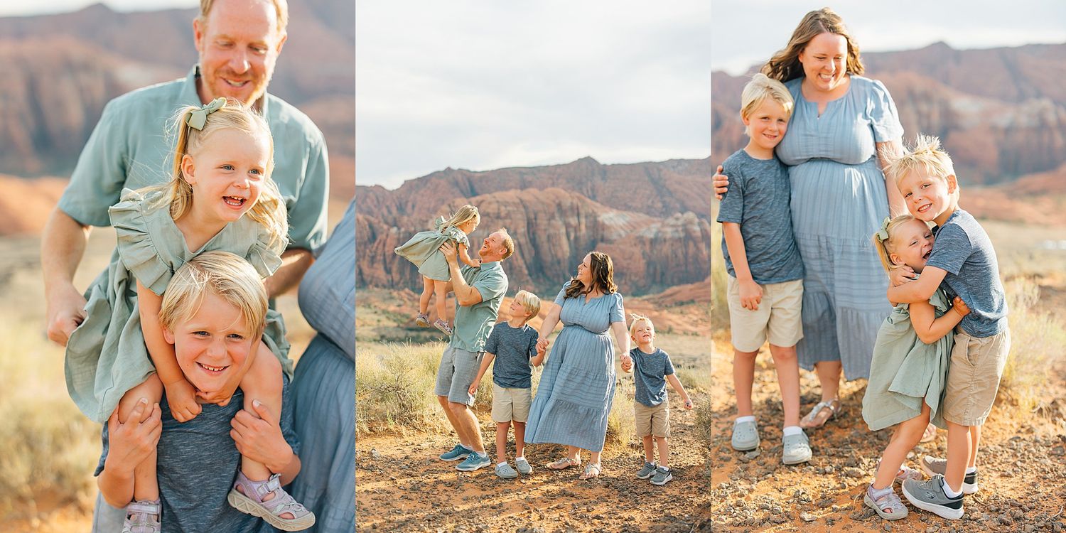 Candid family moments photographed against desert mountain backdrop at golden hour.