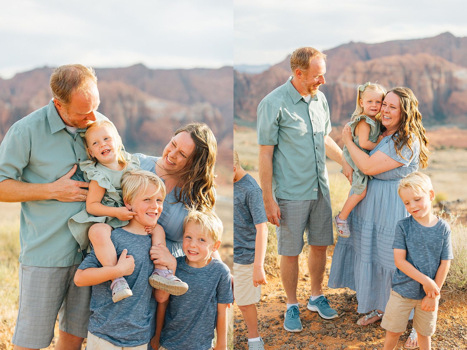 A family shares joyful moments together against a backdrop of red rock formations in the desert.