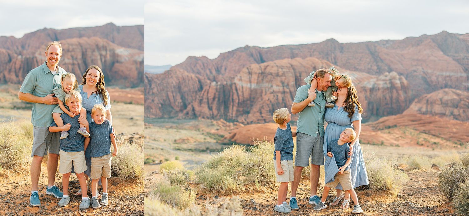 Candid family portraits taken in front of majestic desert cliffs during golden hour.