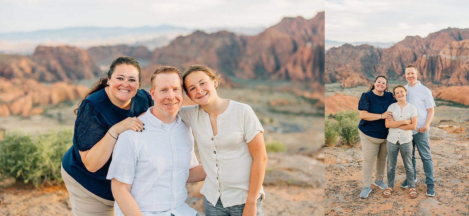 Family photography session captured against stunning red rock formations in a desert setting.