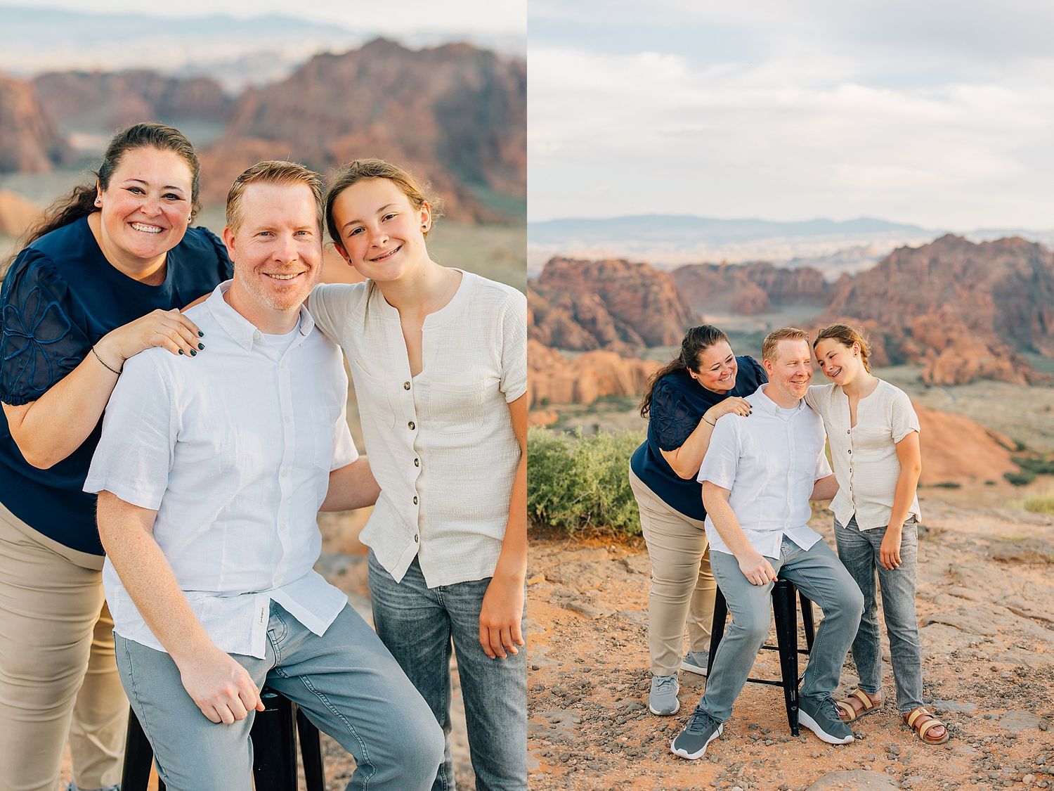 Natural family portraits taken at sunset with desert mountains creating a dramatic backdrop.