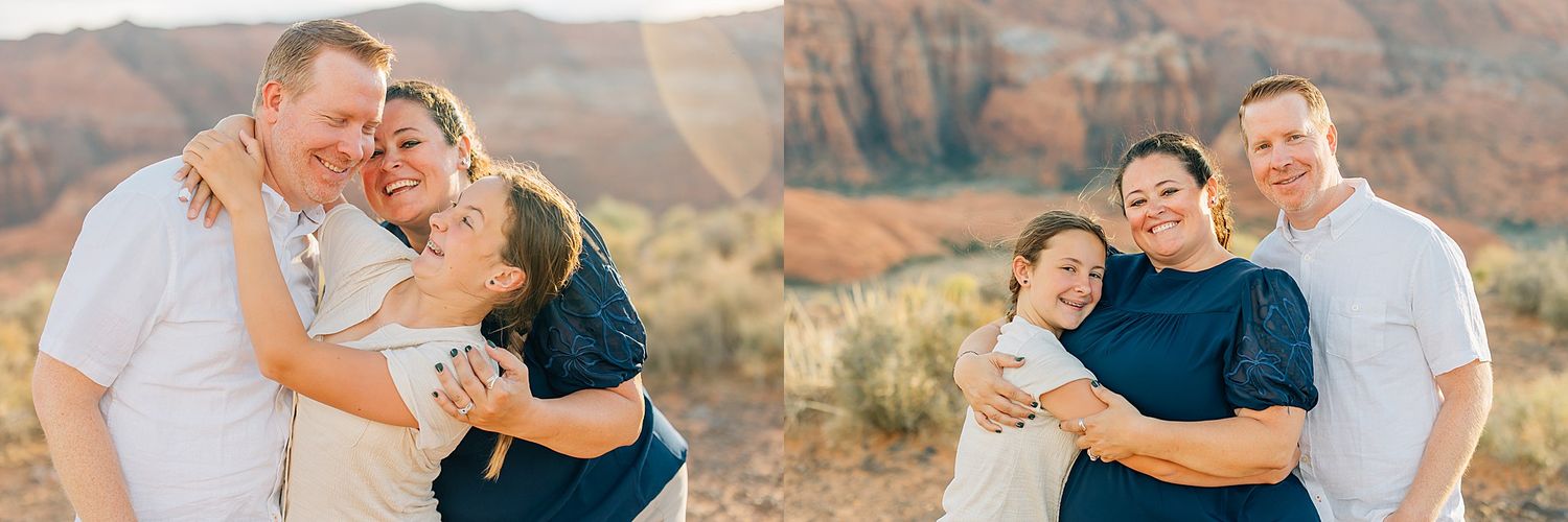 Sweet family interactions captured during a desert photoshoot with red rock formations.