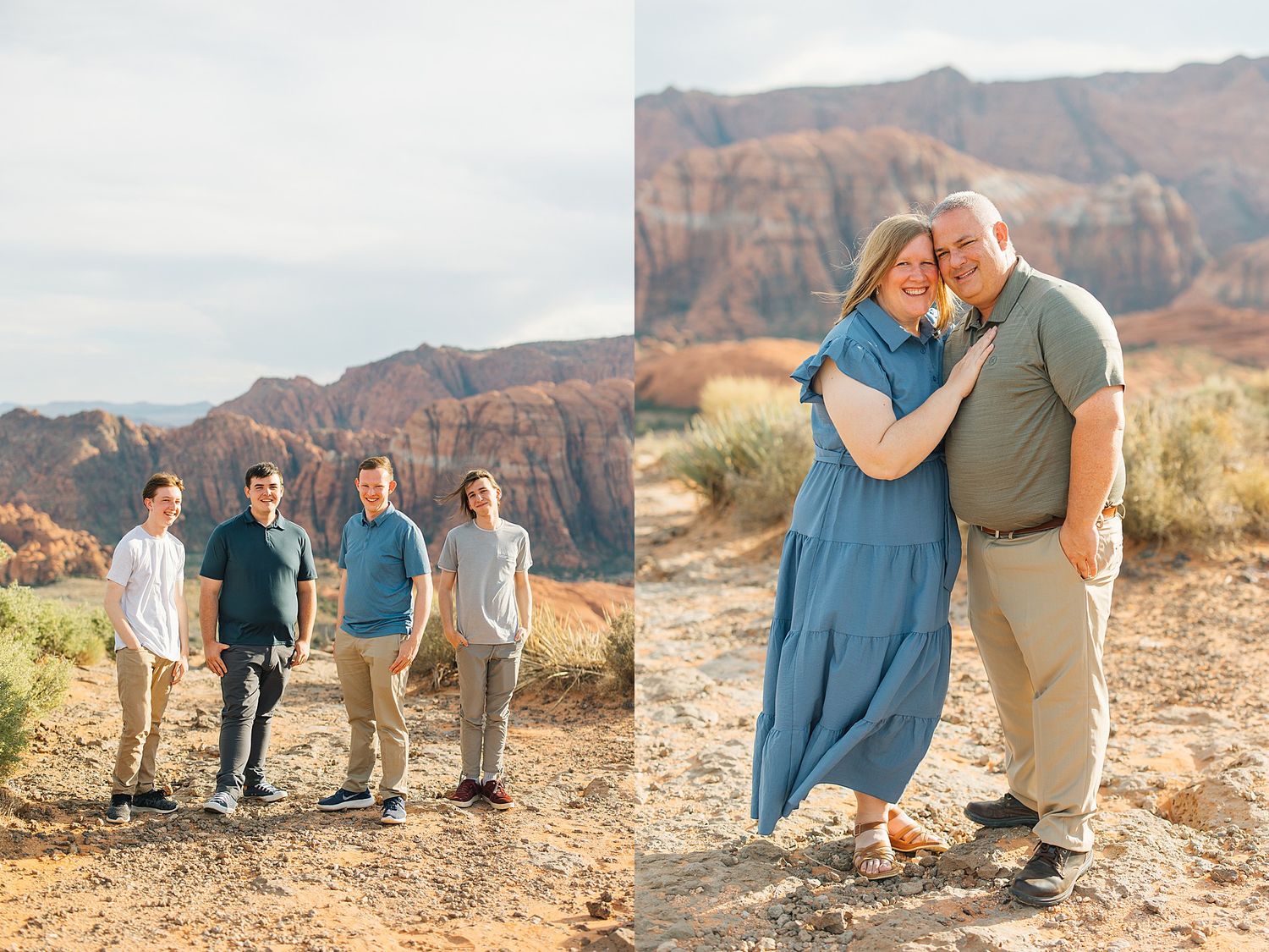 Casual family photo session with panoramic desert mountain scenery in the background.
