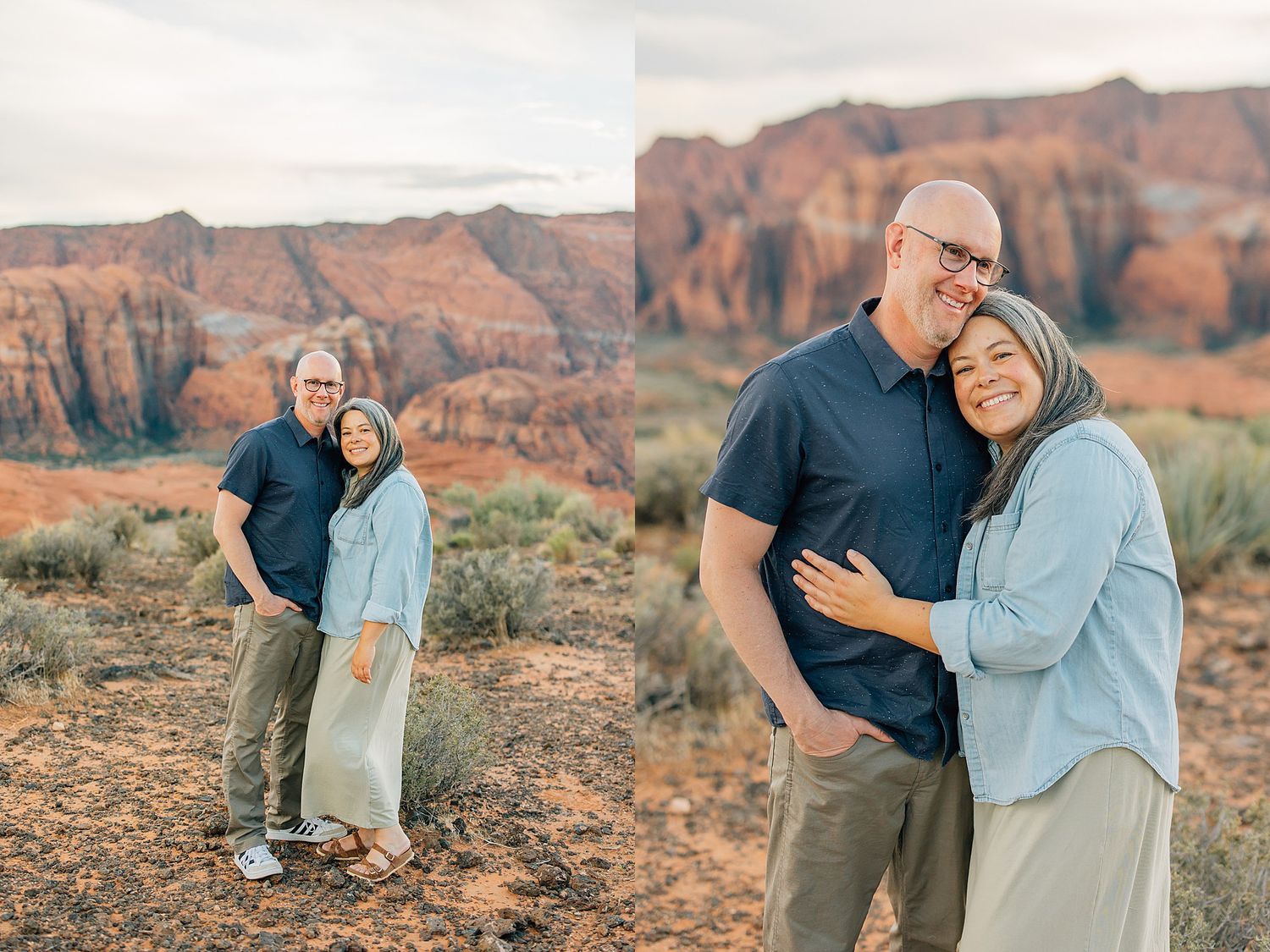 Group photo session with beautiful red sandstone cliffs and desert vegetation in the background.