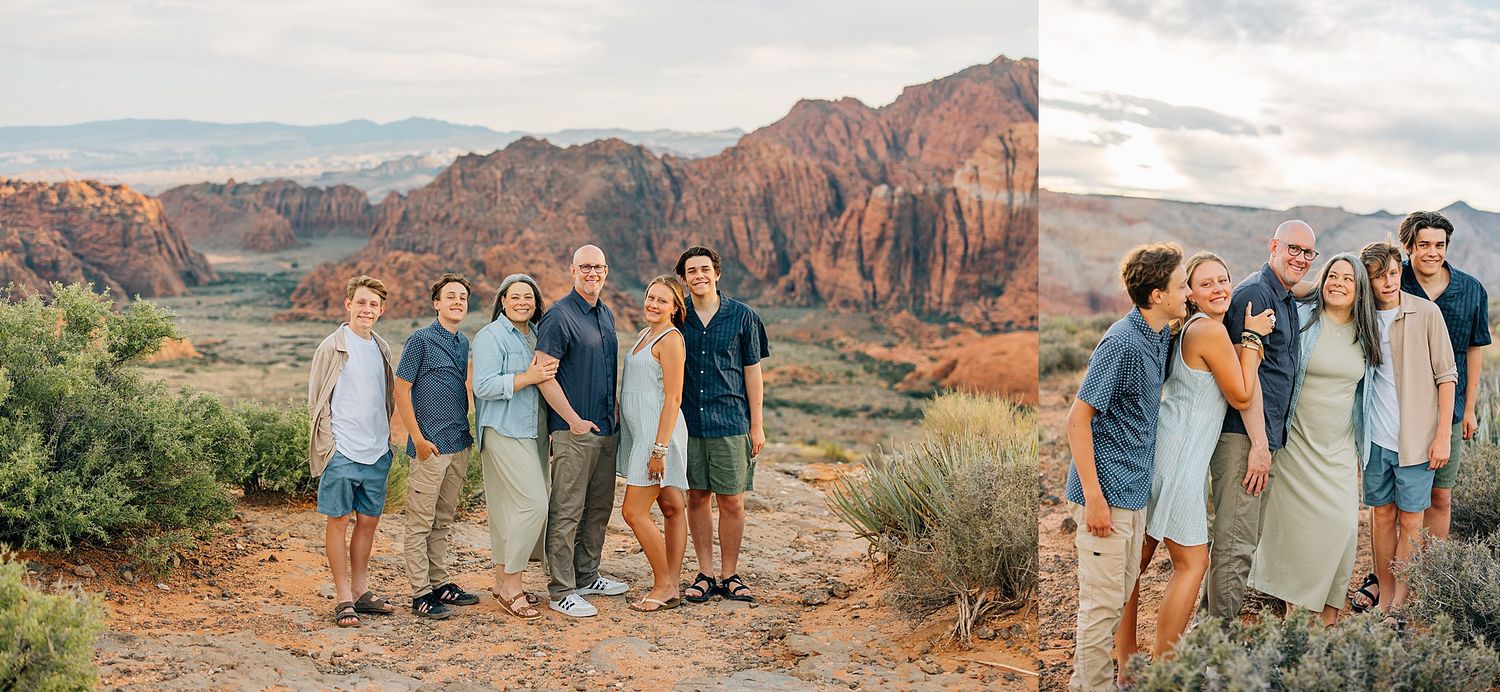 Group enjoying the natural beauty of Snow Canyon's desert landscape during sunset.
